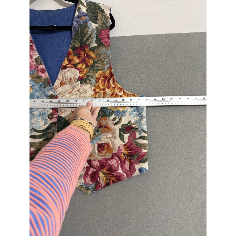 Vintage Floral Tapestry Vest Blue Denim Back Button Front Boho Cottagecore Women - Picture 4 of 14